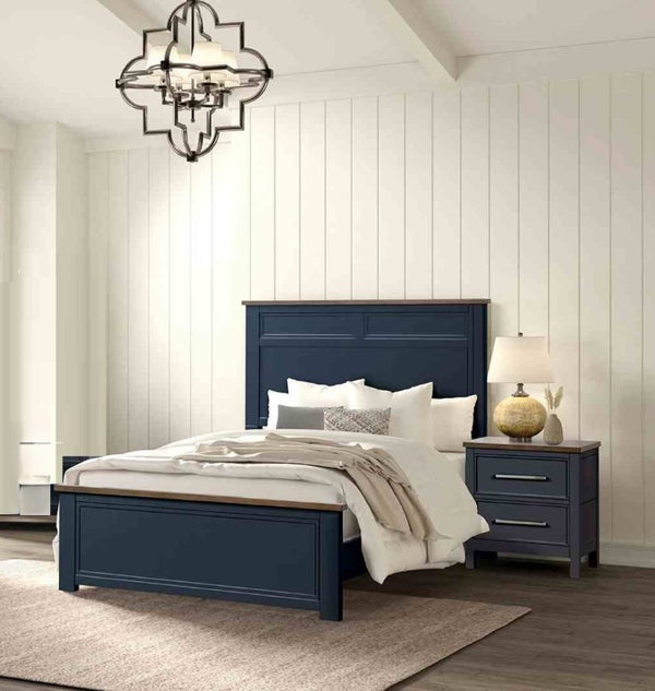 English Elm Blue Pinewood Farmhouse Bedroom Set with Full Bed and Two Coordinating Nightstands Blue / Dark Brown B2741S00974