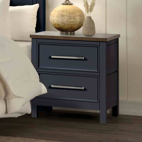 English Elm Blue Pinewood Farmhouse Bedroom Set with Full Bed and Two Coordinating Nightstands Blue / Dark Brown B2741S00974