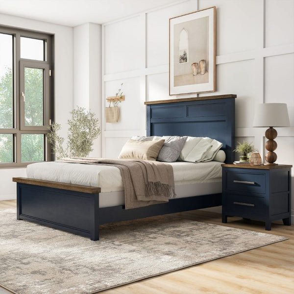 English Elm Blue Pinewood Farmhouse Bedroom Set with Full Bed and Two Coordinating Nightstands Blue / Dark Brown B2741S00974