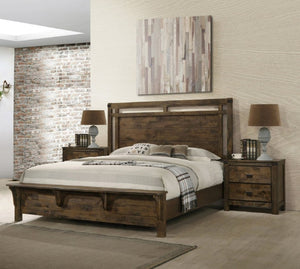 English Elm 3Pc Queen Bedroom Set Solid Wood Weathered Finish Panel Headboard Footboard Bench Nightstands B2741S00975