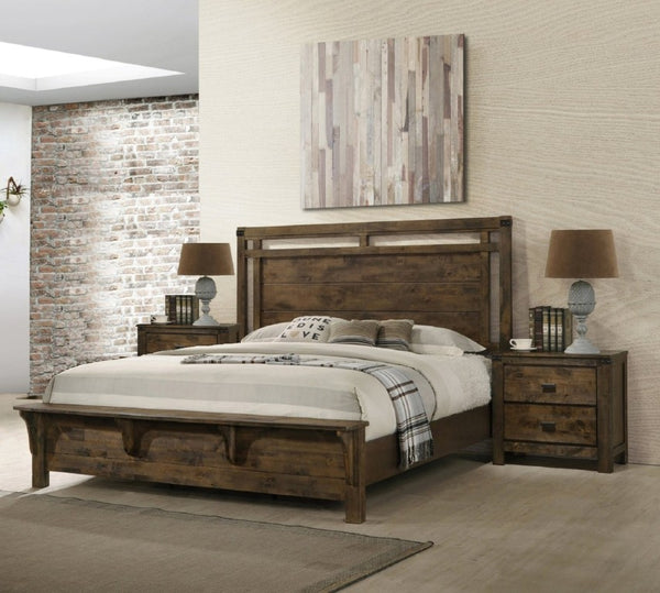English Elm 3Pc Queen Bedroom Set Solid Wood Weathered Finish Panel Headboard Footboard Bench Nightstands B2741S00975