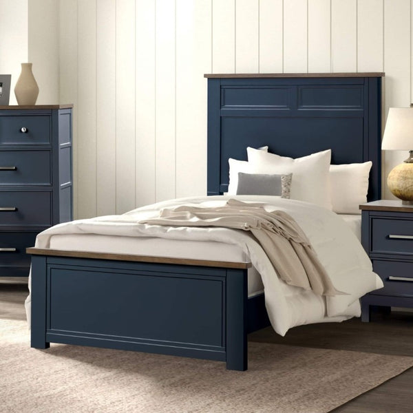 English Elm Blue Pinewood Farmhouse Twin Bed Set with Two Nightstands Recessed Panel Design B2741S00977
