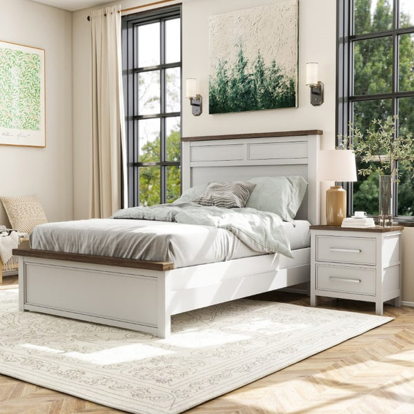 English Elm Blue Pinewood Farmhouse Bedroom Set with Full Bed and Two Coordinating Nightstands Dark Brown / White B2741S00980