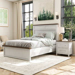 English Elm White Pinewood Twin Bedroom Set with Two Nightstands Two-Tone Farmhouse Panel Design Modern Farmhouse Twin B2741S00981
