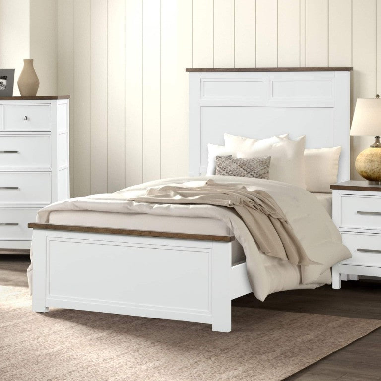 English Elm White Pinewood Twin Bedroom Set with Two Nightstands Two-Tone Farmhouse Panel Design Modern Farmhouse Twin B2741S00981