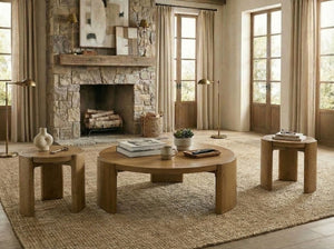 English Elm Contemporary Walnut 3 Piece Round Living Room Set with Sculptural Plinth Base Design B2741S00985
