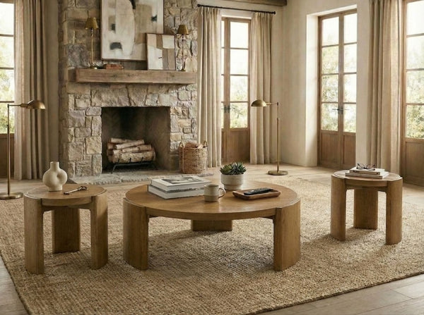 English Elm Contemporary Walnut 3 Piece Round Living Room Set with Sculptural Plinth Base Design B2741S00985