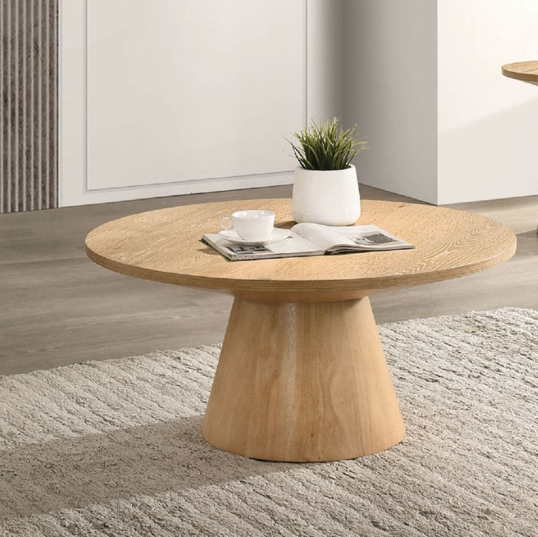 English Elm Contemporary Round Pedestal Cocktail Table Oak Veneer Cone Base Living Room Accent Oak B2741S00986