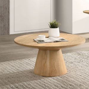 English Elm Contemporary Round Pedestal Cocktail Table Oak Veneer Cone Base Living Room Accent Oak B2741S00986