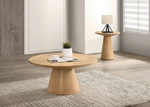 English Elm Contemporary Round Pedestal Cocktail Table Oak Veneer Cone Base Living Room Accent Oak B2741S00986