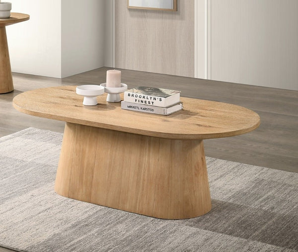 English Elm Contemporary Oval Coffee Table with Cone Pedestal Base in Warm Oak Veneer Finish B2741S00987