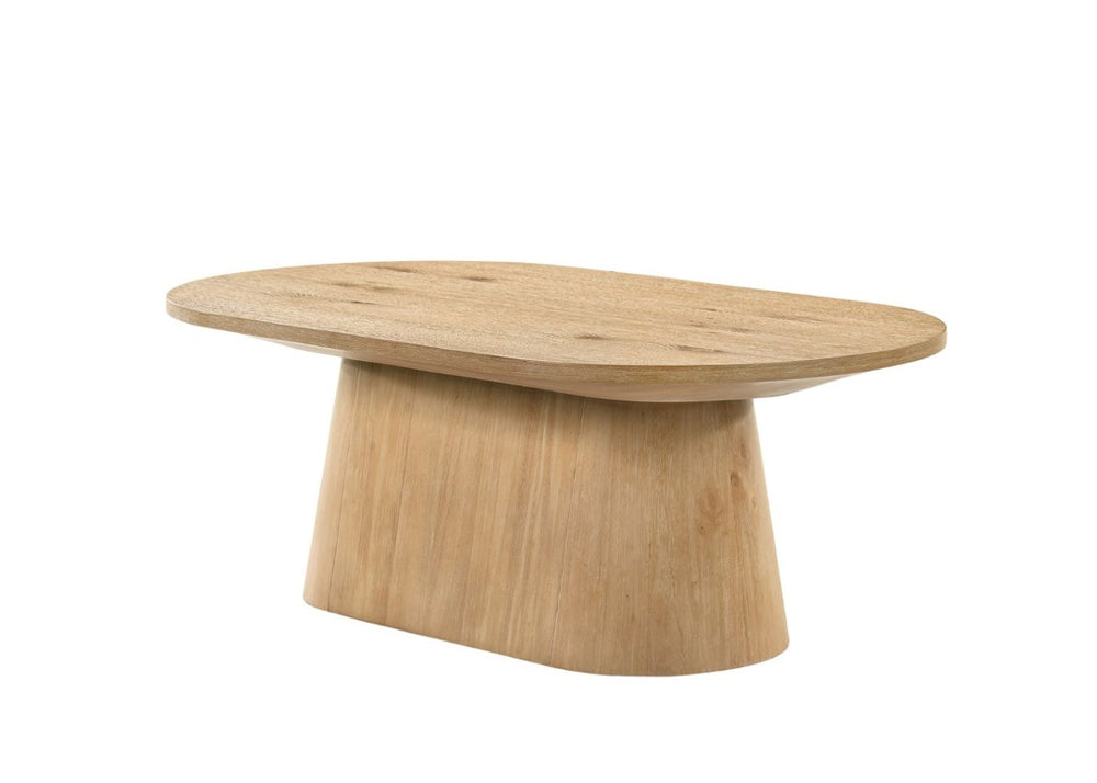 English Elm Contemporary Oval Coffee Table with Cone Pedestal Base in Warm Oak Veneer Finish B2741S00987