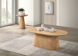 English Elm Contemporary Oval Coffee Table with Cone Pedestal Base in Warm Oak Veneer Finish B2741S00987