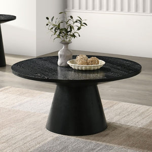 English Elm Contemporary Round Pedestal Cocktail Table Oak Veneer Cone Base Living Room Accent Black B2741S00988