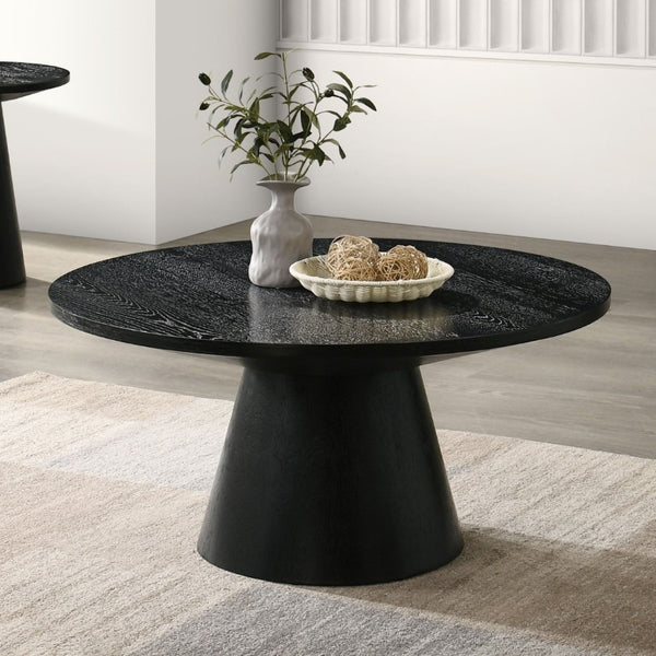 English Elm Contemporary Round Pedestal Cocktail Table Oak Veneer Cone Base Living Room Accent Black B2741S00988