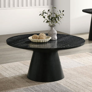 English Elm Contemporary Round Pedestal Cocktail Table Oak Veneer Cone Base Living Room Accent Black B2741S00988