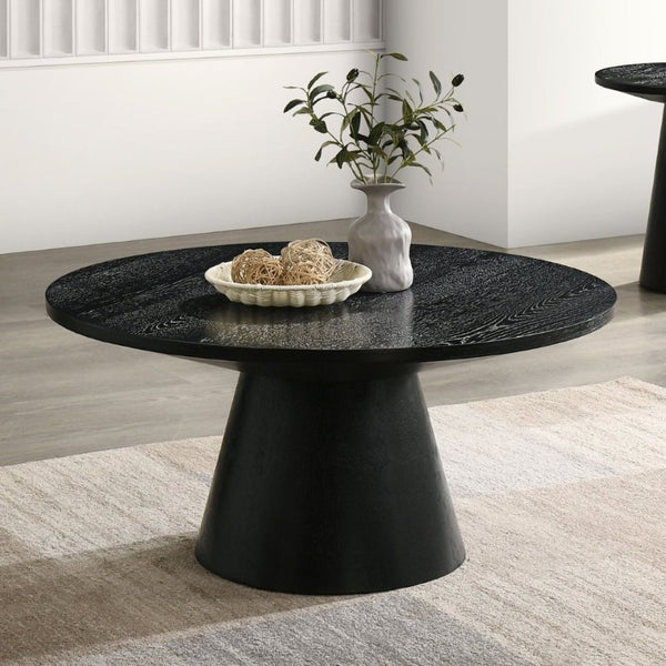 English Elm Contemporary Round Pedestal Cocktail Table Oak Veneer Cone Base Living Room Accent Black B2741S00988