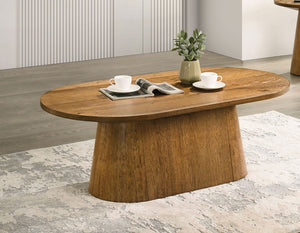 English Elm Contemporary Oval Cocktail Table with Sculptural Cone Pedestal Base for Living Rooms Walnut B2741S00990