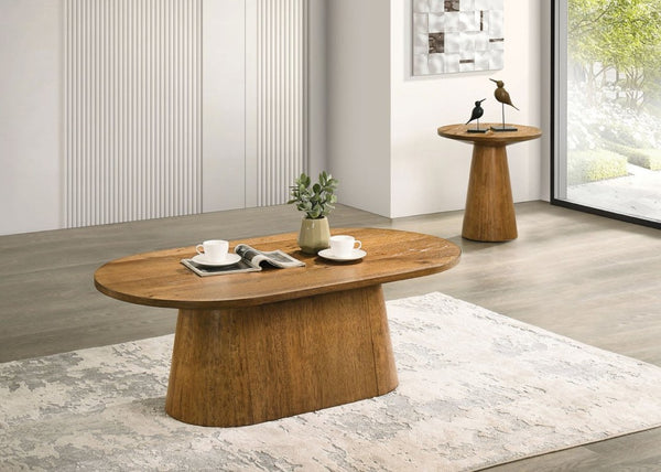 English Elm Contemporary Oval Cocktail Table with Sculptural Cone Pedestal Base for Living Rooms Walnut B2741S00990