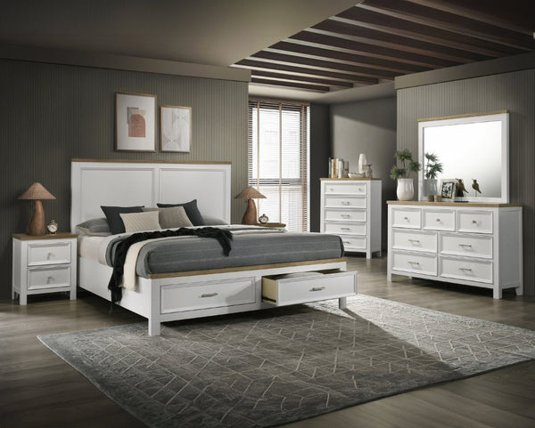 English Elm 1Pc Queen Platform Bed Solid Wood White Finish Footboard Storage Drawers Modern Bedroom B2741S00991