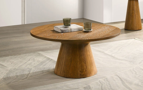 English Elm Contemporary Round Pedestal Cocktail Table Oak Veneer Cone Base Living Room Accent Walnut B2741S00992