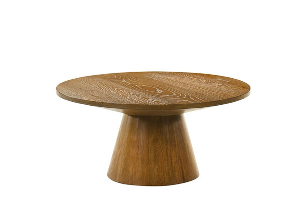 English Elm Contemporary Round Pedestal Cocktail Table Oak Veneer Cone Base Living Room Accent Walnut B2741S00992