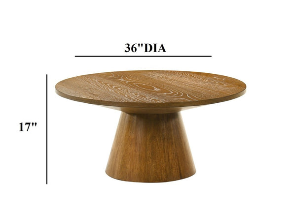 English Elm Contemporary Round Pedestal Cocktail Table Oak Veneer Cone Base Living Room Accent Walnut B2741S00992