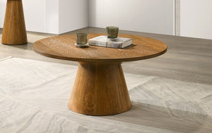 English Elm Contemporary Round Pedestal Cocktail Table Oak Veneer Cone Base Living Room Accent Walnut B2741S00992