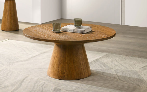 English Elm Contemporary Round Pedestal Cocktail Table Oak Veneer Cone Base Living Room Accent Walnut B2741S00992