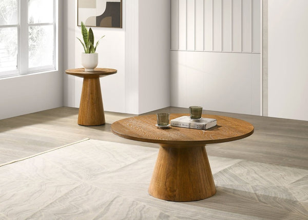 English Elm Contemporary Round Pedestal Cocktail Table Oak Veneer Cone Base Living Room Accent Walnut B2741S00992