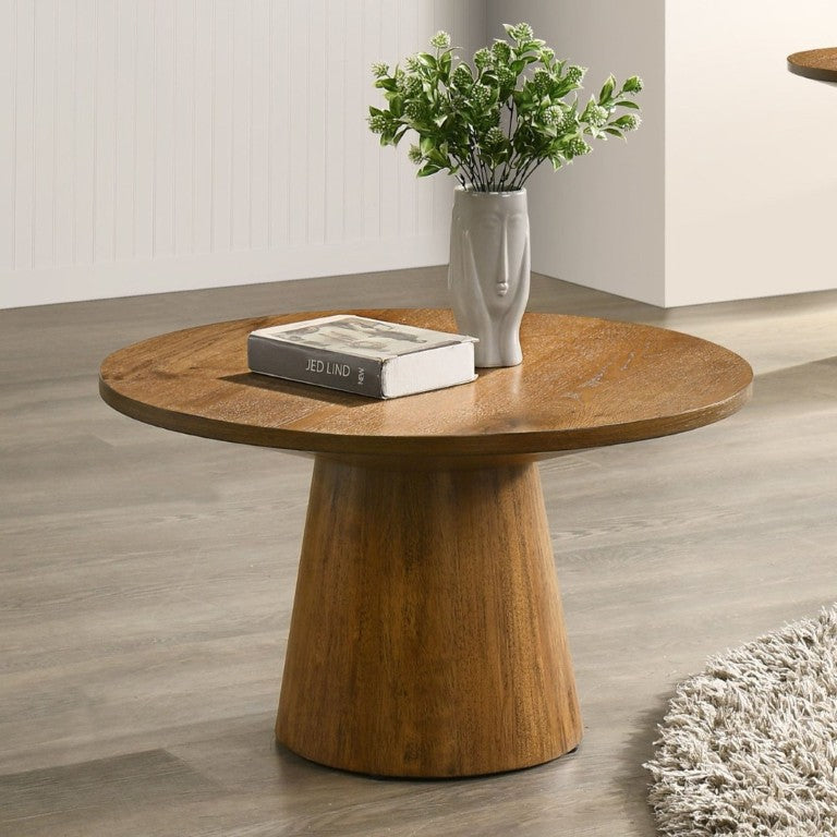 English Elm 29 Inch Round Walnut Pedestal Cocktail Table Sculptural Cone Base for Modern Living Rooms B2741S00993