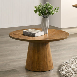 English Elm 29 Inch Round Walnut Pedestal Cocktail Table Sculptural Cone Base for Modern Living Rooms B2741S00993