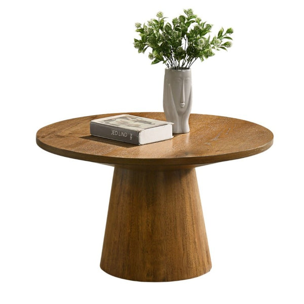 English Elm 29 Inch Round Walnut Pedestal Cocktail Table Sculptural Cone Base for Modern Living Rooms B2741S00993