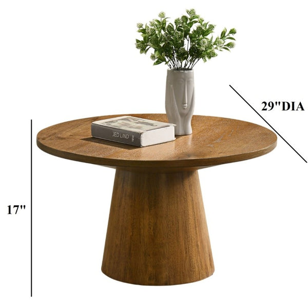 English Elm 29 Inch Round Walnut Pedestal Cocktail Table Sculptural Cone Base for Modern Living Rooms B2741S00993