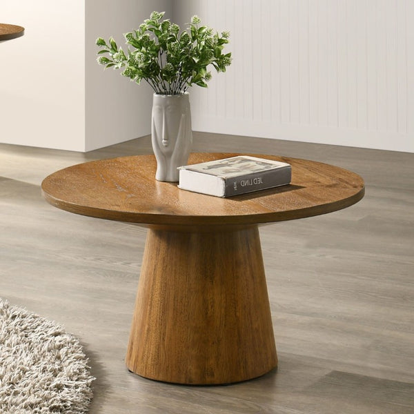 English Elm 29 Inch Round Walnut Pedestal Cocktail Table Sculptural Cone Base for Modern Living Rooms B2741S00993