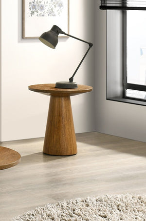 English Elm Modern Round End Table with Cone Pedestal Base in Walnut Oak Veneer for Living Rooms B2741S00994