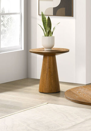 English Elm Modern Round End Table with Cone Pedestal Base in Walnut Oak Veneer for Living Rooms B2741S00994