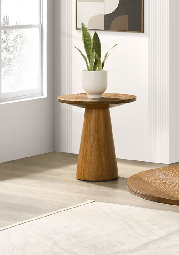 English Elm Modern Round End Table with Cone Pedestal Base in Walnut Oak Veneer for Living Rooms B2741S00994