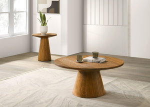 English Elm Modern Round End Table with Cone Pedestal Base in Walnut Oak Veneer for Living Rooms B2741S00994