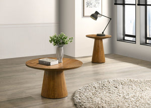 English Elm Modern Round End Table with Cone Pedestal Base in Walnut Oak Veneer for Living Rooms B2741S00994