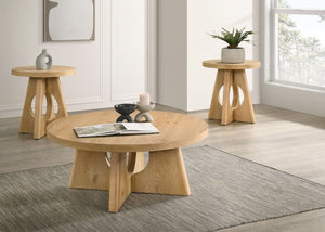 English Elm Modern Round 3 Piece Living Room Table Set with Sculptural Pedestal Base Warm Wood Finish Oak B2741S00999