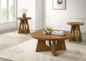 English Elm Modern Round 3 Piece Living Room Table Set with Sculptural Pedestal Base Warm Wood Finish Walnut B2741S01000