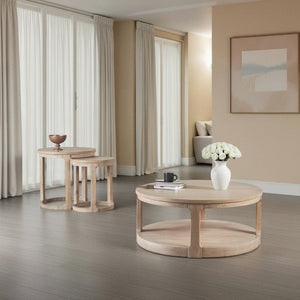 English Elm 2Pc Pine Wood Coffee and End Table Set with Rolling Casters Open Shelf Living Room B2741S01003