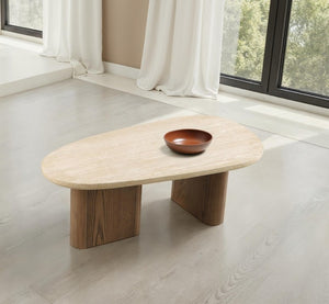 English Elm Contemporary Travertine Top Coffee Table with Trestle Base for Modern Living Rooms B2741S01005