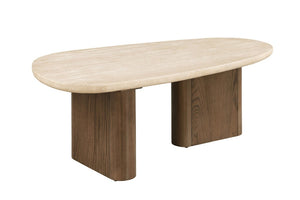English Elm Contemporary Travertine Top Coffee Table with Trestle Base for Modern Living Rooms B2741S01005