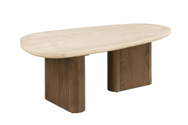 English Elm Contemporary Travertine Top Coffee Table with Trestle Base for Modern Living Rooms B2741S01005