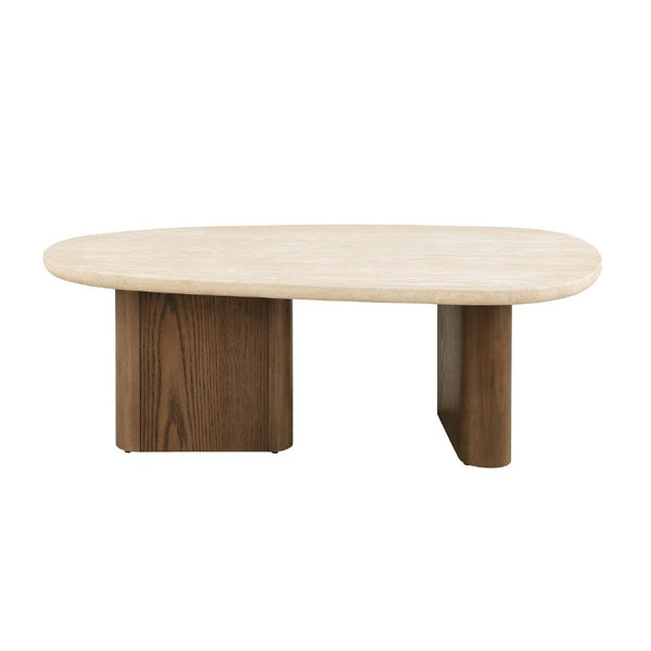 English Elm Contemporary Travertine Top Coffee Table with Trestle Base for Modern Living Rooms B2741S01005