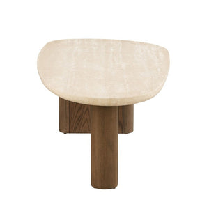 English Elm Contemporary Travertine Top Coffee Table with Trestle Base for Modern Living Rooms B2741S01005