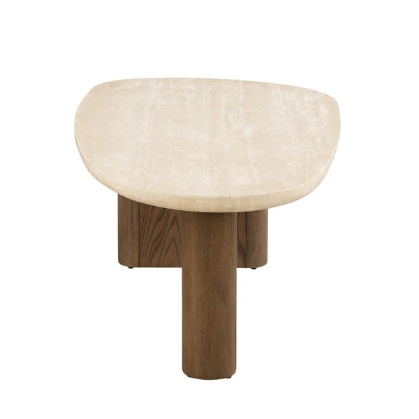 English Elm Contemporary Travertine Top Coffee Table with Trestle Base for Modern Living Rooms B2741S01005