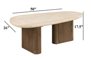 English Elm Contemporary Travertine Top Coffee Table with Trestle Base for Modern Living Rooms B2741S01005